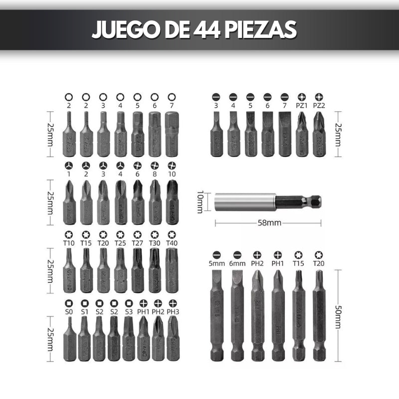 Kit destornillador eléctrico inalámbrico 44 piezas.